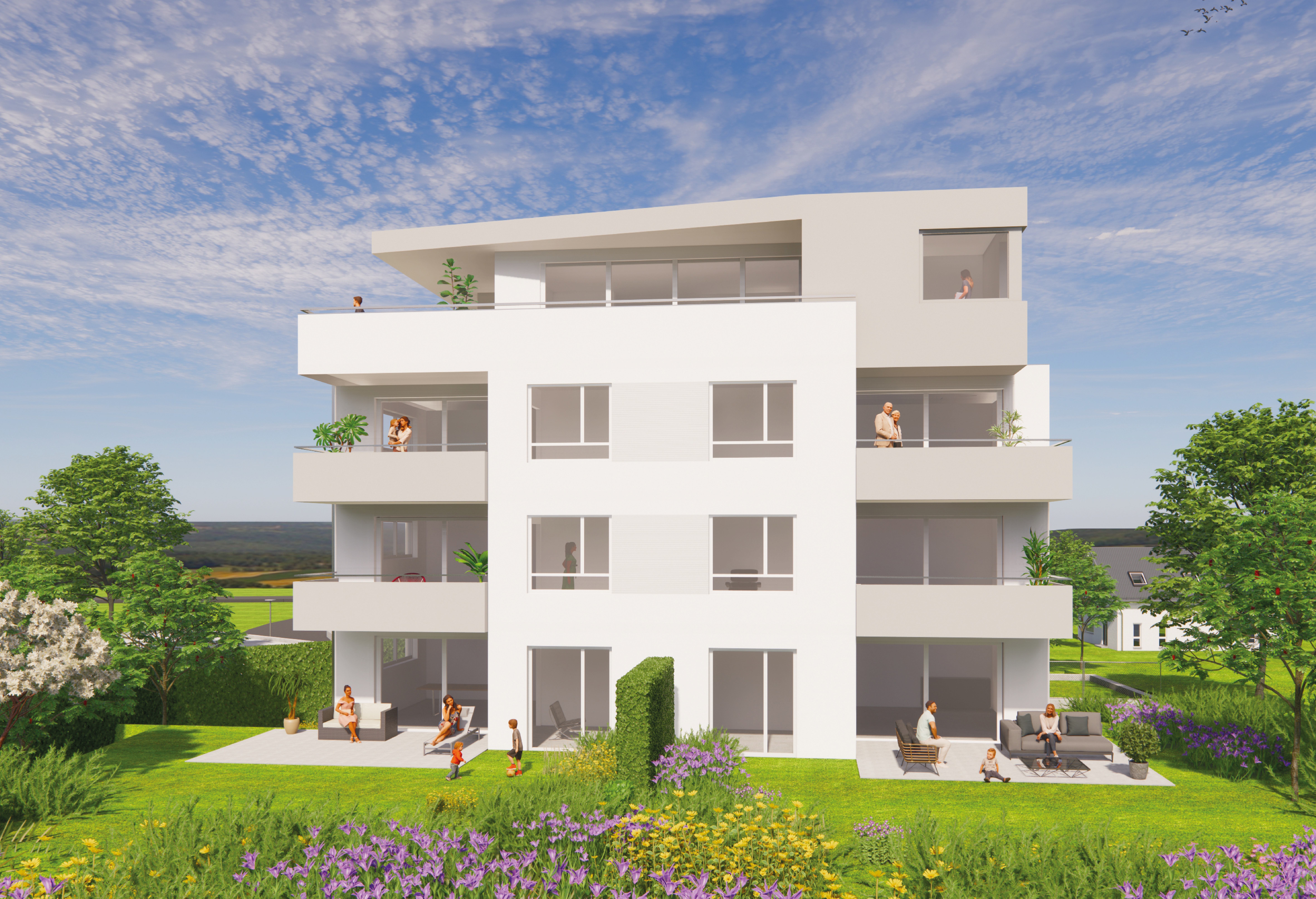 Visualisierung Mehrfamilienhaus mit Gartenanlage